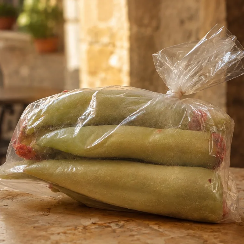 Stuffed banana peppers, frozen, in a clear bag