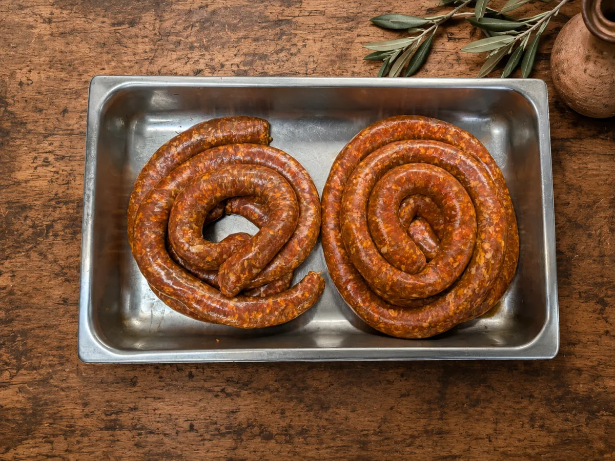 Fresh hot Italian sausage coil at the counter