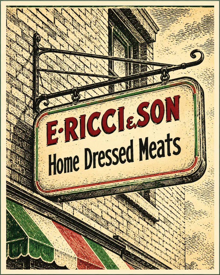Vintage-style illustration of the E. Ricci & Son Home Dressed Meats sign hanging over a striped awning