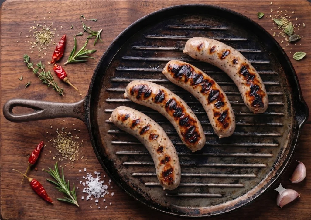 Ricci's sweet sausage grilled with char marks in a cast-iron grill pan